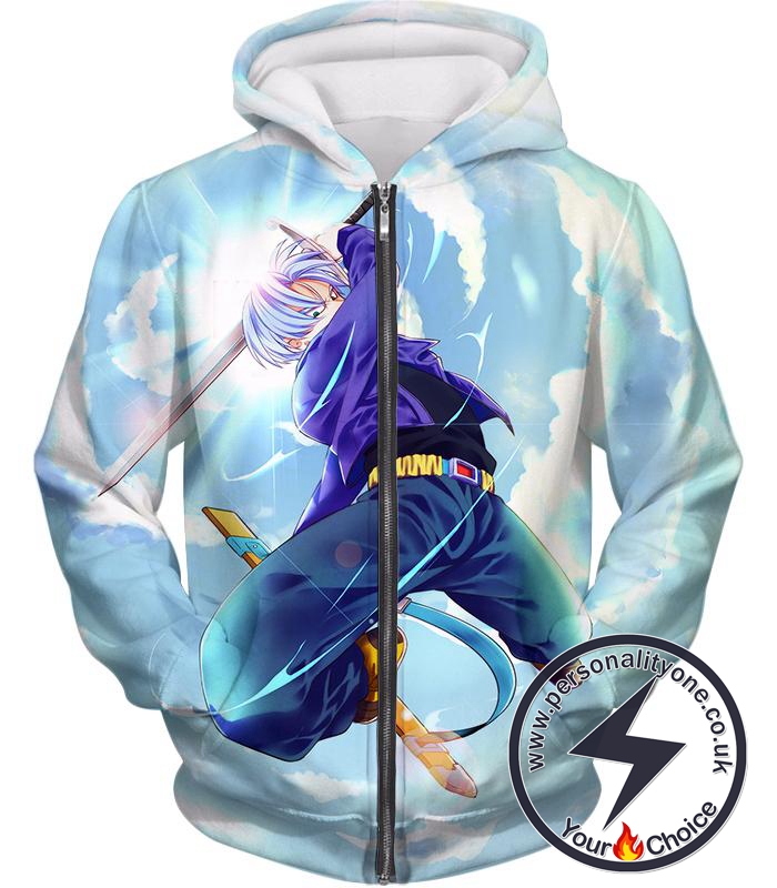 Dragon Ball Super Extremely Powerful Hero Future Trunks Awesome Action White Zip Up Hoodie